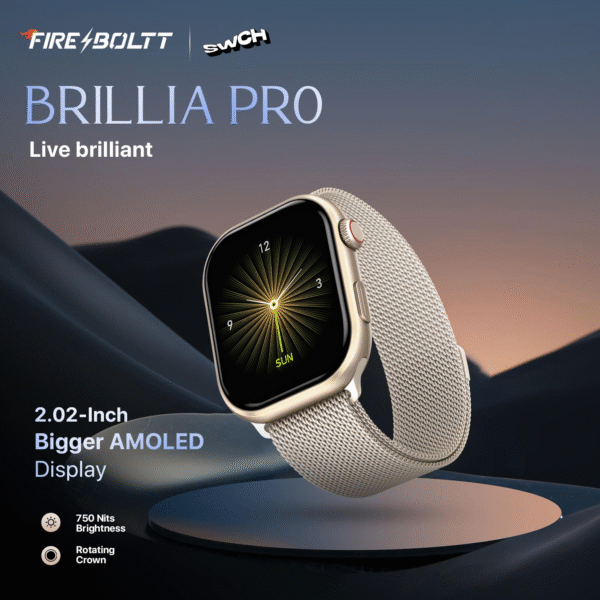 Fire-Boltt Brillia Pro Smart Watch – 2.02" AMOLED Display, Stainless Steel Strap, Bluetooth Calling, SpO2, Heart Rate, 120+ Sports Modes (Champagne Mesh) - Image 2