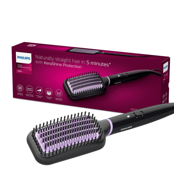 Philips Hair Straightener Brush BHH880/10 – Frizz-Free Straight Hair in 5 Minutes | Keratin Bristles & ThermoProtect | 2 Heat Settings | No Scalp Burns