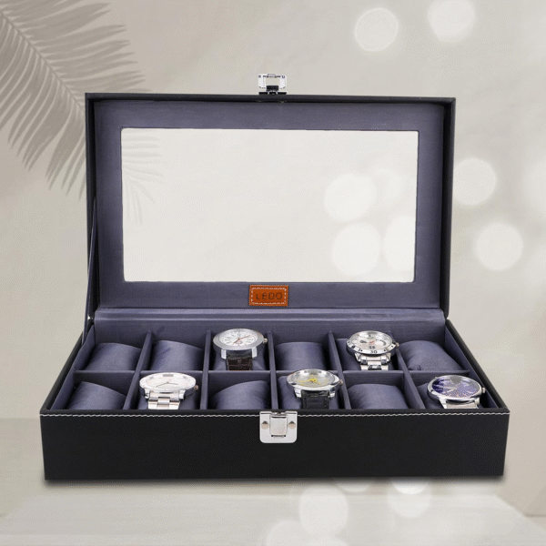 LEDO Watch Box Organizer – 12 Slot PU Leather Case for Men & Women | Black & Gray Display Storage for Watches & Accessories